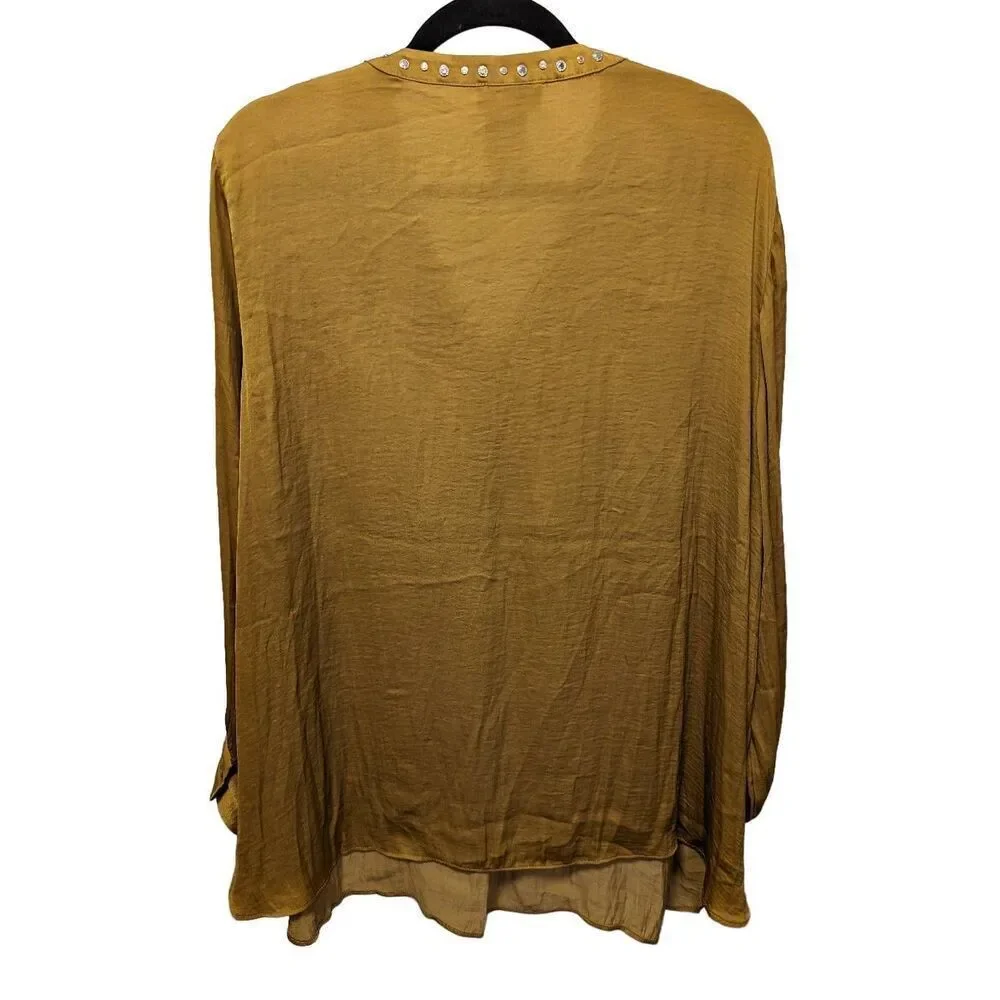 Carmen Marc Valvo Mustard Yellow Long Sleeve V Neck with Detailing Along Necklin - Picture 2 of 5